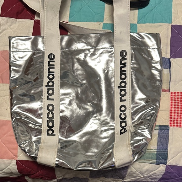 Paco Rabanne Metallic Silver Tote with White Logo Straps - Picture 1 of 3